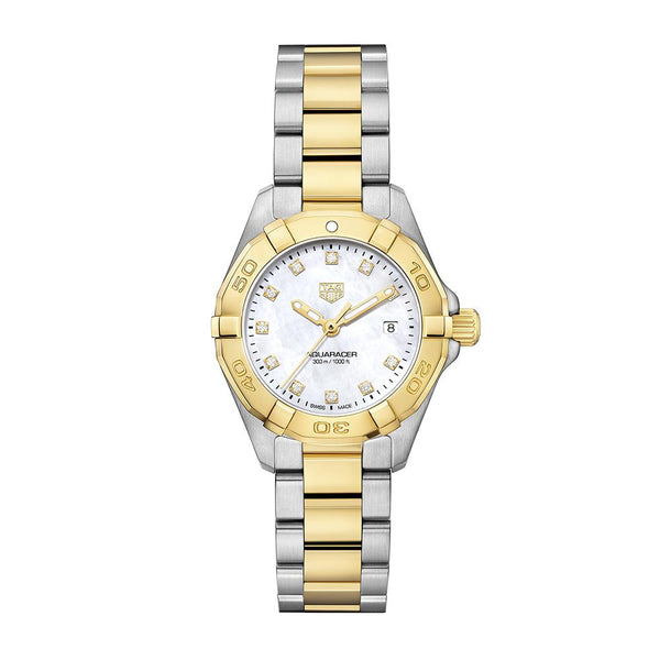 A TAG Heuer Aquaracer watch with a stainless steel and yellow gold PVD bezel and bracelet, featuring a white mother of pearl dial with diamond-set hour markers and a sapphire crystal glass cover.