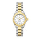 A TAG Heuer Aquaracer watch with a stainless steel and yellow gold PVD bezel and bracelet, featuring a white mother of pearl dial with diamond-set hour markers and a sapphire crystal glass cover.