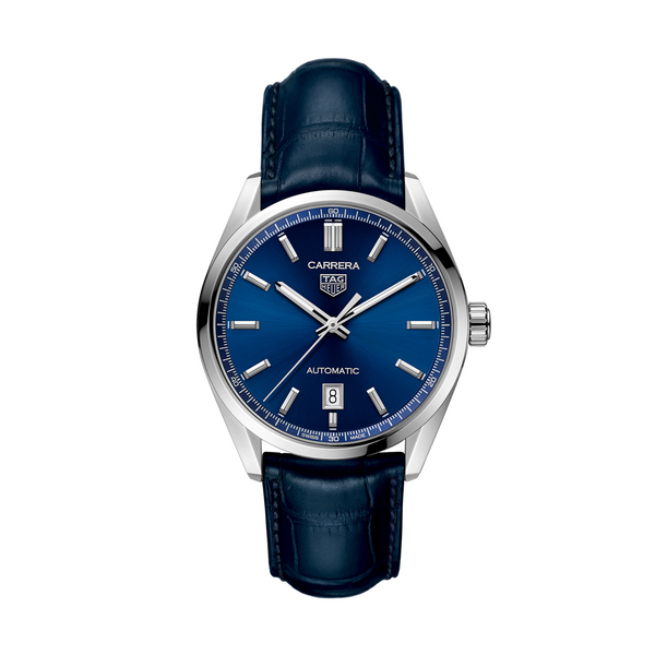 A stainless steel TAG Heuer Carrera Calibre 5 automatic watch with a blue dial and blue alligator strap. WBN2112.FC6504
