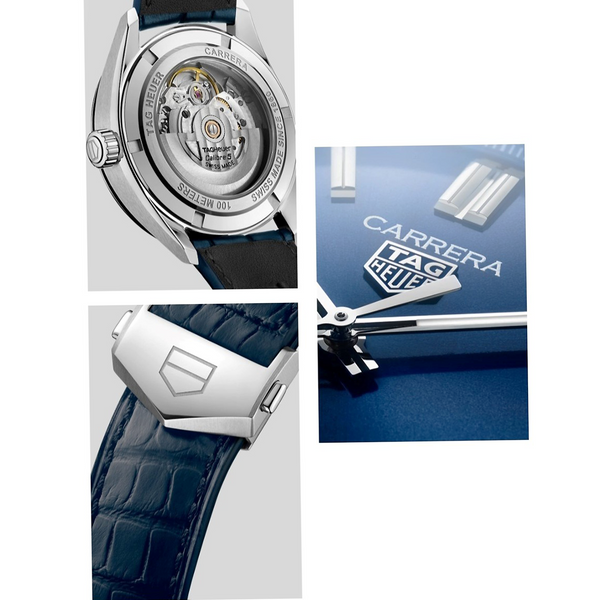 WBN2112.FC6504 tag heuer Gent's TAG Heuer Carrera Calibre 5 Automatic Watch. The 39mm case is stainless steel, the strap is blue alligator with a stainless-steel deployment clasp, the dial is blue and the glass is sapphire crystal.
