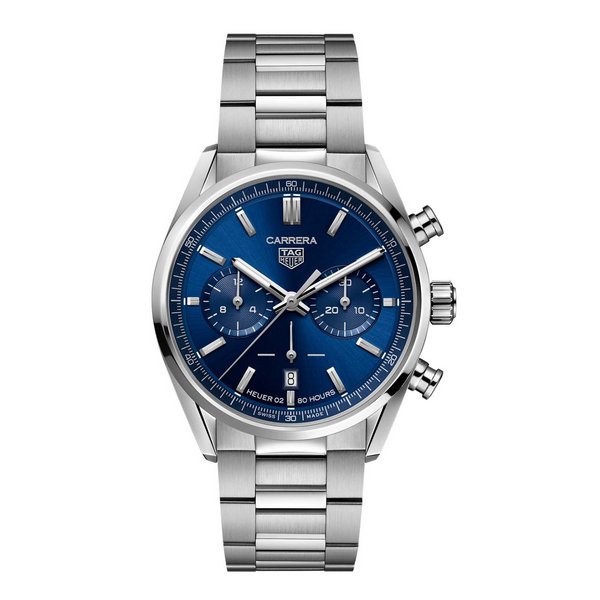 A TAG Heuer Carrera Calibre Heuer 02 Automatic Watch with a blue dial, stainless steel case and bracelet, and sapphire crystal glass.Gents TAG Heuer Carrera Calibre Heuer 02 Automatic Watch. Model CBN2011.BA0642