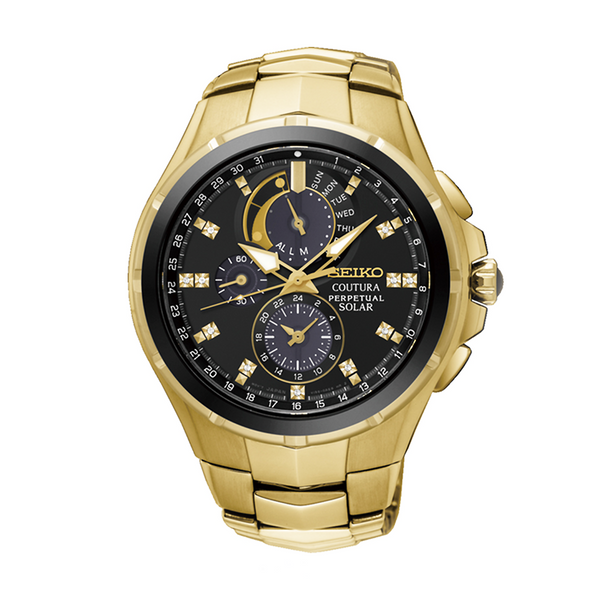 Seiko Coutura Solar Perpetual Calendar Chronograph Watch.  The case and bracelet are yellow gold plated stainless steel, the dial is black and the glass is sapphire crystal. The hour markers are diamond set.