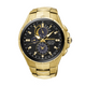 Seiko Coutura Solar Perpetual Calendar Chronograph Watch.  The case and bracelet are yellow gold plated stainless steel, the dial is black and the glass is sapphire crystal. The hour markers are diamond set.
