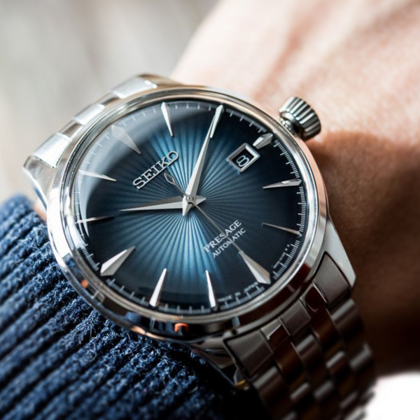Gent's Seiko Presage Cocktail Time 40.5mm Stainless Steel Case and Bracelet Blue Dial See-Through Case Back Date Automatic Watch.