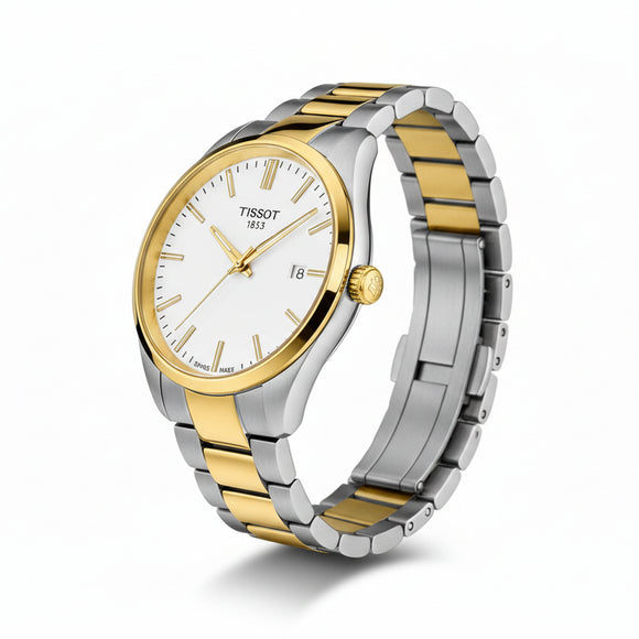 Gent's Tissot PR100 Bicolour: Yellow Gold PVD and Stainless Steel 40mm Case and Bracelet White Dial Sapphire Crystal Glass Date 100m Water Resistant Quartz Watch. 