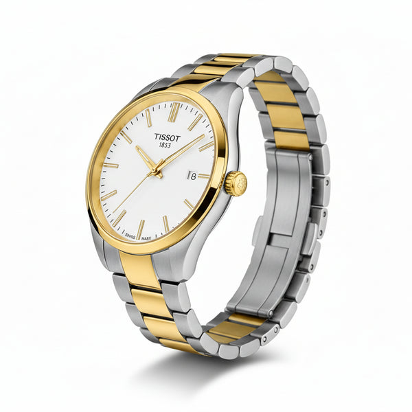 Gent's Tissot PR100 Bicolour: Yellow Gold PVD and Stainless Steel 40mm Case and Bracelet White Dial Sapphire Crystal Glass Date 100m Water Resistant Quartz Watch. 