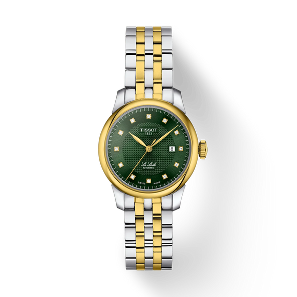 
Ladies' Tissot Le Locle Automatic Watch. The 29mm case and bracelet are bicolour: yellow gold PVD and stainless steel. The dial is green with a guilloche pattern, twelve diamond set hour markers and a date function. The watch has a sapphire crystal glass and a see-through case back. The movement is automatic. 