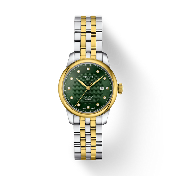 
Ladies' Tissot Le Locle Automatic Watch. The 29mm case and bracelet are bicolour: yellow gold PVD and stainless steel. The dial is green with a guilloche pattern, twelve diamond set hour markers and a date function. The watch has a sapphire crystal glass and a see-through case back. The movement is automatic. 