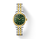 
Ladies' Tissot Le Locle Automatic Watch. The 29mm case and bracelet are bicolour: yellow gold PVD and stainless steel. The dial is green with a guilloche pattern, twelve diamond set hour markers and a date function. The watch has a sapphire crystal glass and a see-through case back. The movement is automatic. 