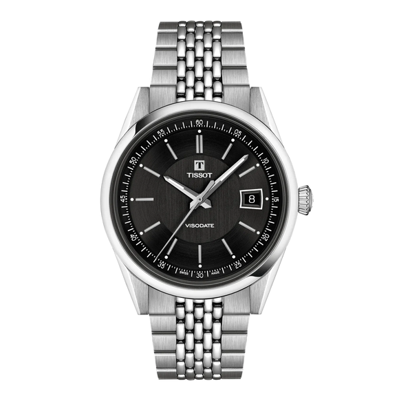 Gent's Tissot Visodate Stainless Steel 39mm Case and Bracelet  Black Dial with Dauphine Hands Sapphire Crystal Glass See-Through Case Back Date Automatic Powermatic 80 Watch. Model T157.407.11.051.00