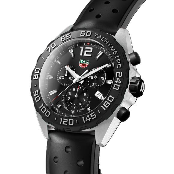 Black TAG Heuer watch with a white background