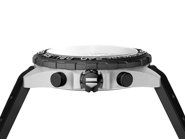 Close-up of a watch with a black and silver design on a white background