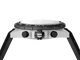 Close-up of a watch with a black and silver design on a white background