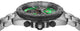 Silver watch with a green face on a white background