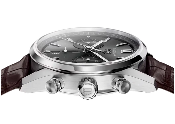 Wristwatch with brown leather strap and silver case on a white background