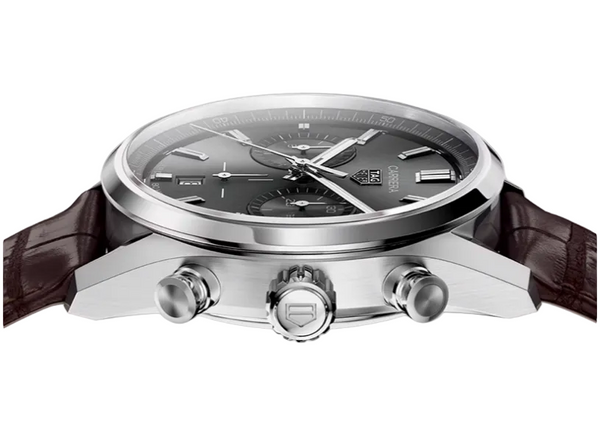 Wristwatch with brown leather strap and silver case on a white background