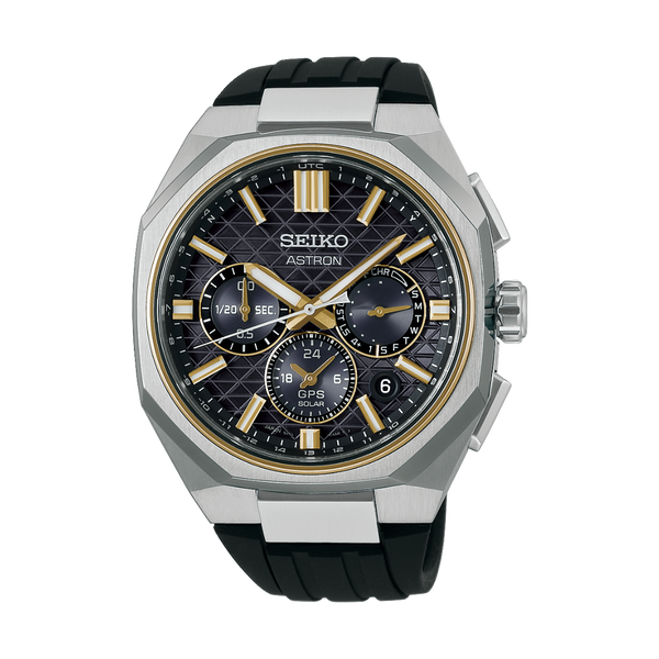 Seiko Astron watch with black and gold details on a white background