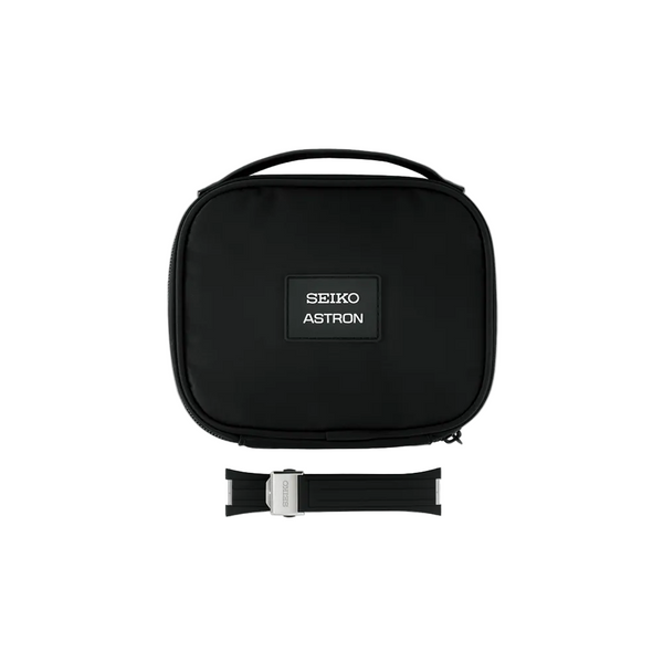 Black Seiko Astron watch case with strap on a white background
