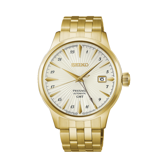 Gent's Seiko Presage Cocktail Time GMT Automatic Watch.&nbsp;

Model number : HCB004J

Availability: in stock

The 40.5mm case is yellow gold PVD on stainless steel. The radial-patterned dial is white with gold coloured hands and indexes. The watch has a GMT hand for setting on a second time zone, 24-hour indicators and a date function. The watch has a see-through case back. The movement is automatic.