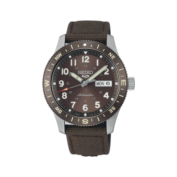 Gent's Seiko 5 Sports Field Series Automatic Watch.

Model Number: HDB009K

Availability: in stock

The 41mm case is stainless steel with a brown nylon strap. The bezel is brown with compass indicators. The dial is brown with a day / date function. The watch has a see-through case back and is 100m water resistant. The movement is automatic.