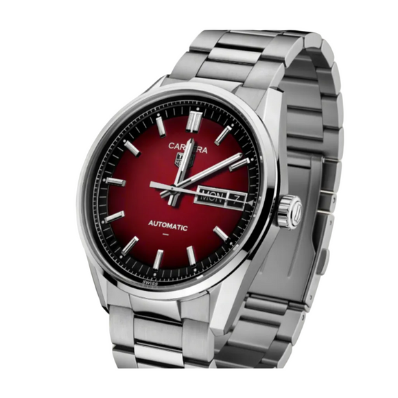 Carrera watch with red face and silver bracelet on a beige background. Gent's TAG Heuer Carrera Automatic Watch. The 41mm case. Five year TAG Heuer warranty. model WDA2113.BA0043