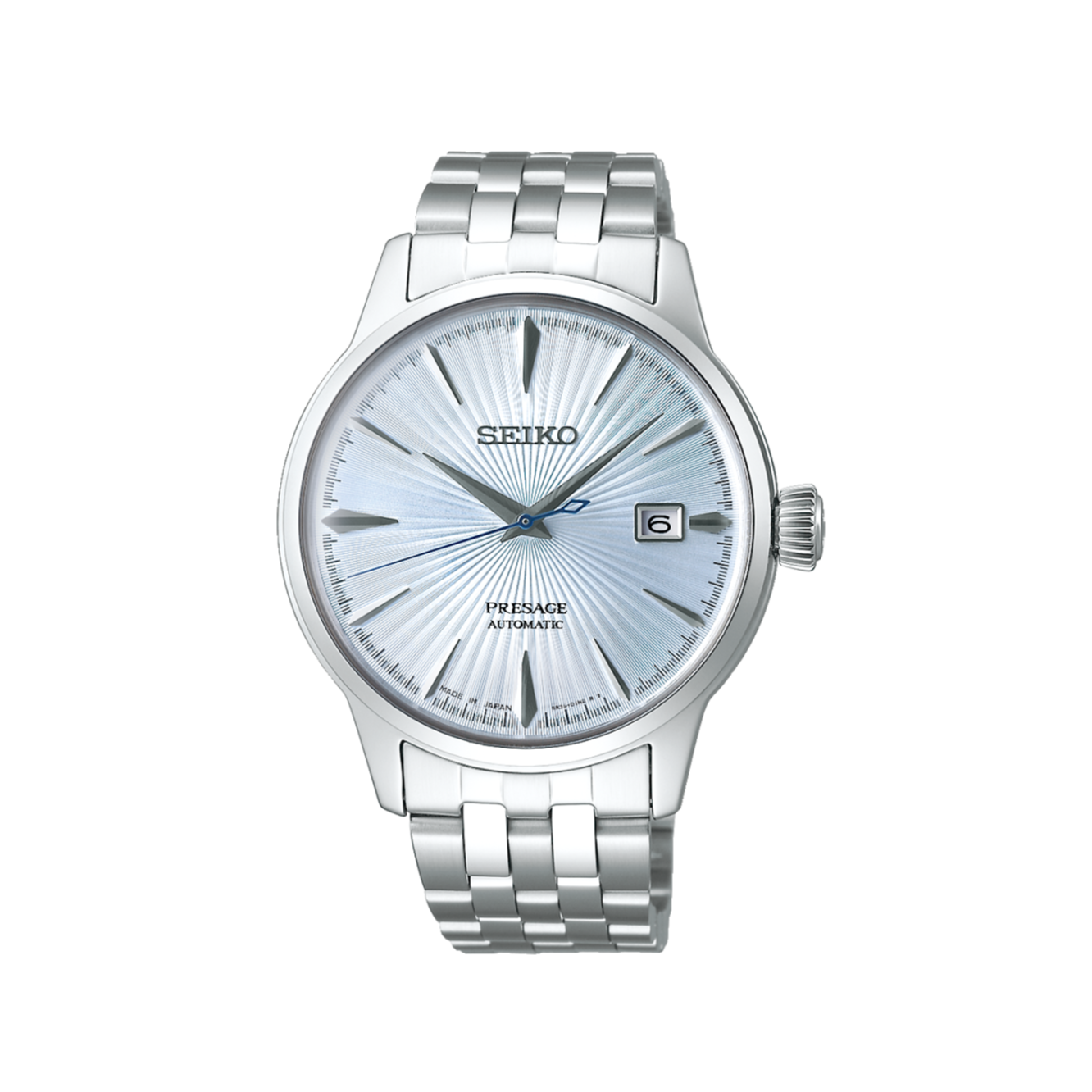 Silver Seiko watch with a light blue dial on a white background
