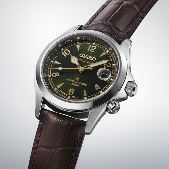 Gents Seiko Prospex Alpinist Stainless Steel 39.5mm

Model number: SPB507J

Availability: in stock

The Case with Brown Leather Strap Green Dial with Rotating Inner Compass Ring Sapphire Crystal Glass with Date Magnifier See-Through Case Back Date 200m Water Resistant 3 Days Automatic Watch.