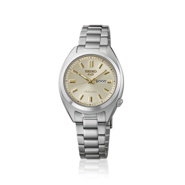 Ladies' Seiko 5 Sports SNXS Series 32mm Stainless Steel Case and Bracelet Blue Dial Day/Date Function 100m Water Resistant Automatic Watch. 

