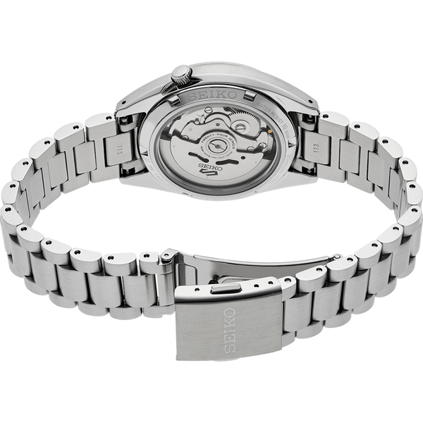 Seiko 5 Sports SNXS Series 37.4mm Stainless Steel Case and Bracelet Blue Dial Day/Date Function See-Through Case Back 100m Water Resistant Automatic Watch.  