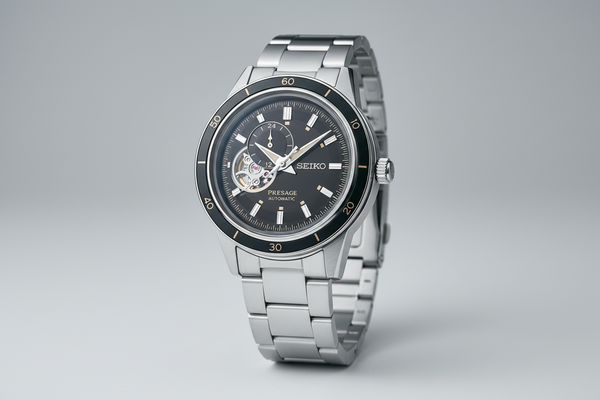 Gent's Seiko Presage Automatic Watch.  The 40.8mm case and bracelet are stainless steel, the dial and bezel are black and the glass is hardlex crystal.  The watch features a window on the dial revealing the automatic movement, a 24 hour hand indicator sub dial.
