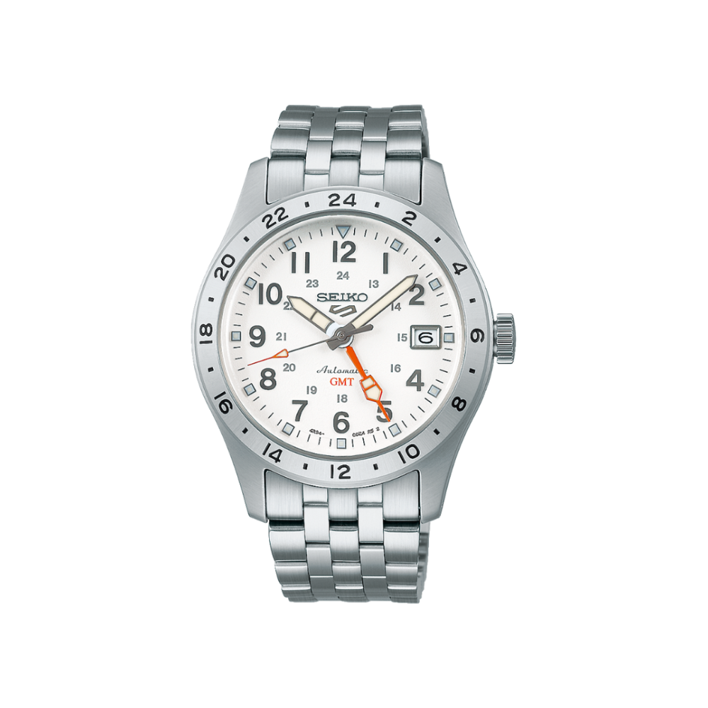Gent's Seiko 5 Sports Field Series GMT Stainless Steel 39.4mm Case Bracelet and Bezel with 24-Hour Markers White Dial with Red GMT Hand and Arabic Numerals Transparent Case Back Date 100m Water Resistant Watch.&nbsp;