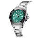 Silver watch with a green face on a white background