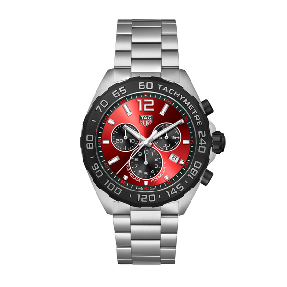TAG Heuer Formula 1 chronograph A quartz watch with a red dial, black stainless steel bracelet, and silver case back.