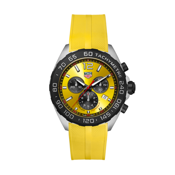A TAG Heuer Formula 1 chronograph watch with a yellow dial, black bezel, stainless steel case, and a yellow rubber strap.