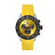 A TAG Heuer Formula 1 chronograph watch with a yellow dial, black bezel, stainless steel case, and a yellow rubber strap.