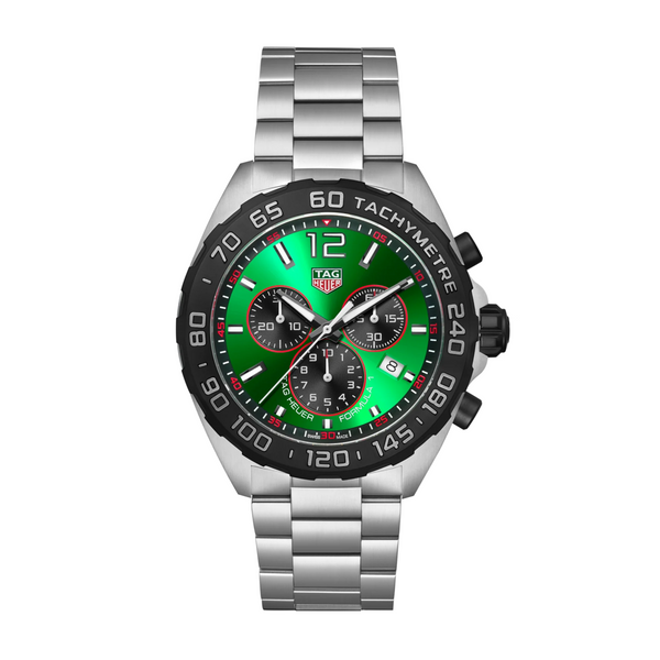 A TAG Heuer Formula 1 chronograph quartz watch with a green dial, black stainless steel case and bracelet, and red accents.
