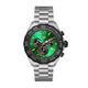 A TAG Heuer Formula 1 chronograph quartz watch with a green dial, black stainless steel case and bracelet, and red accents.