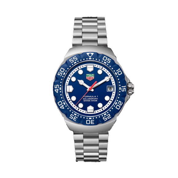 Tag Heuer watch with blue dial and silver bracelet on a white background