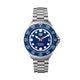 Tag Heuer watch with blue dial and silver bracelet on a white background