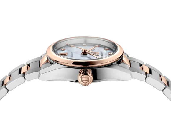 Ladies TAG Heuer Carrera Diamond Set Automatic Watch.&nbsp;

Model number: WBN2450.BD0569

The 29mm case and bracelet are bicolour: 18k rose gold bezel and crown, with stainless steel case and bracelet, the centre links are 18k rose gold capped. The dial is white mother-of-pearl with 11 diamond set hour markers. The glass is sapphire crystal. The watch has a date function and a transparent sapphire crystal case back. The movement is a Calib