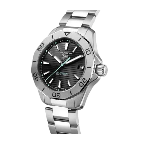Silver watch with black dial on a white background