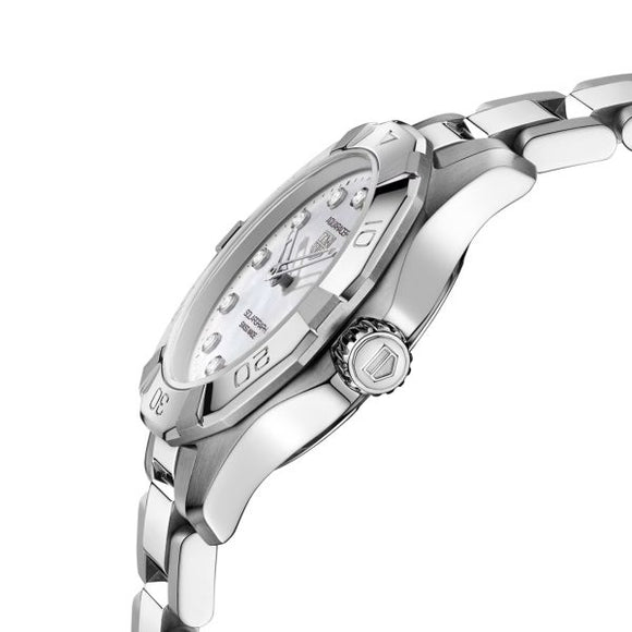 Silver watch with a white face on a white background