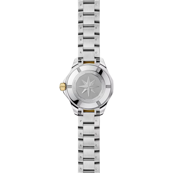 Ladies' TAG Heuer Aquaracer Professional 100 Solargraph Watch. The 28mm case and bracelet are bicolour: stainless steel and 18k yellow gold plated bezel and bracelet links. The dial is white mother-of-pearl with twelve diamond set hour markers (0.07ct, Colour G+, Clarity VS+). The glass is sapphire crystal. The watch is 100 metres water resistant. The movement is a CalibreTH51-00 solar quartz. MODEL WBP1422.BB0006
