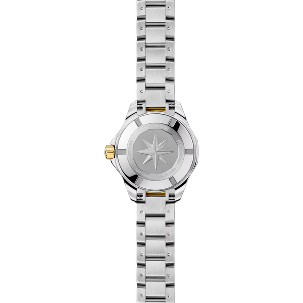 Ladies' TAG Heuer Aquaracer Professional 100 Solargraph Watch. The 28mm case and bracelet are bicolour: stainless steel and 18k yellow gold plated bezel and bracelet links. The dial is white mother-of-pearl with twelve diamond set hour markers (0.07ct, Colour G+, Clarity VS+). The glass is sapphire crystal. The watch is 100 metres water resistant. The movement is a CalibreTH51-00 solar quartz. MODEL WBP1422.BB0006