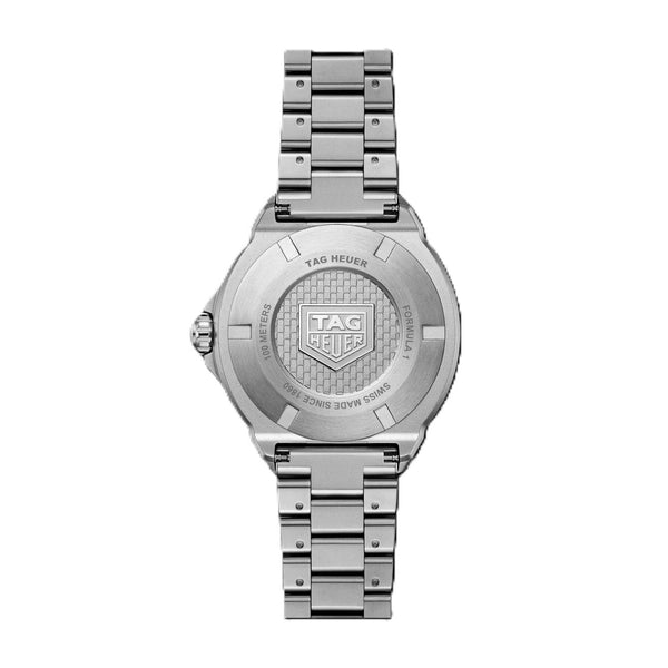 The back view of a stainless steel TAG Heuer watch with a silver metal link bracelet and a brushed metal case, shown on a plain white background.