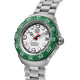 Watch with green bezel and silver bracelet on a white background