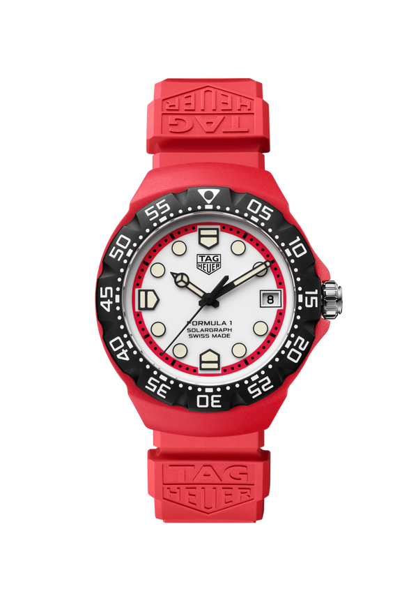 Red TAG Heuer watch with a white face on a transparent background
