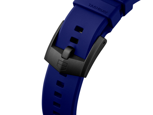 Blue watch strap with black buckle on a white background