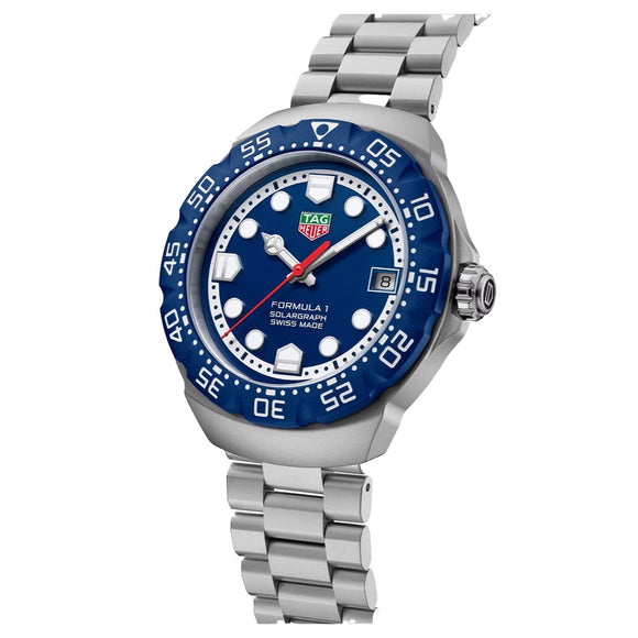 Tag Heuer watch with blue dial and silver bracelet on a white background