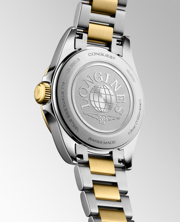 Ladies' Longines Conquest Quartz Watch.
Model Number: L33503127
The 30mm case and bracelet are bicolour: stainless steel with a yellow gold PVD bezel and middle bracelet links. The dial is white with gold coloured hands and indexes. The glass is sapphire crystal. The watch has a date function and is 100m water resistant. The movement is quartz.